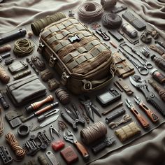 an assortment of different tools laid out on a bed