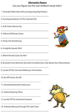 a printable worksheet for children's literature with pictures of animals and their names