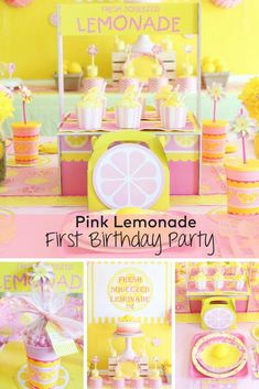 a pink lemonade first birthday party with yellow and pink decorations, cupcakes and cake