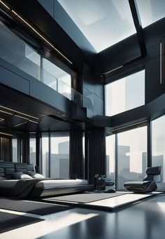 a large bedroom with lots of windows and furniture