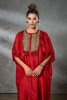 Shop for Aditi Somani Red Pure Silk Kaftan Tunic for Women Online at Aza Fashions Festive Hand Embellished Kaftan With Traditional Drape, Festive Ceremonial Kaftan, Festive Hand Embellished Traditional Kaftan, Festive Hand-embellished Traditional Kaftan, Traditional Tunic With Traditional Drape For Festive Season, Festive Kaftan With Mirror Work For Transitional Season, Traditional Embellished Kaftan For Festive Occasions, Festive Kaftan With Handwork, Red Bohemian Kaftan For Ceremonial Occasions