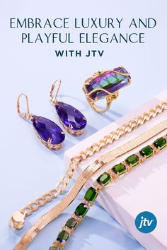 Three gold clad bracelets propped on a white background with a gold clad multi colored quartz ring and gold clad amethyst earrings Luxury Jewelry Collection, Peridot Rings, Earrings Green, Green Peridot, Luxury Jewelry, Stretch Bracelets