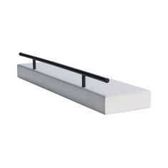 a white shelf with two black bars on it