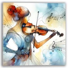 a painting of a woman playing the violin with music notes around her and behind her