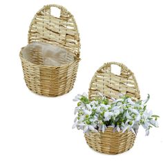 two wicker baskets with white flowers in them on a white background, one is empty