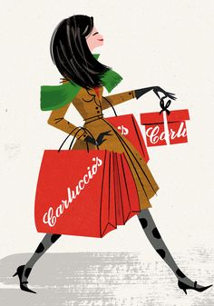 a woman carrying shopping bags with coca - cola on the front and side, while wearing high heeled shoes