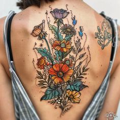 Wildflower Tattoo Art Kit Floral Upper Arm Tattoo Half Sleeves, Back Of Arm Tattoo Women Sleeve, Minimal Color Tattoo, Flower With Roots Tattoo, Nature Arm Sleeve Tattoos, Folk Art Tattoos, Back Tattoo Flowers, Wildflower Tattoo Sleeve, Botanical Sleeve Tattoo