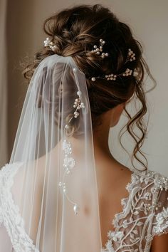 the back of a bride's head wearing a veil with flowers and pearls on it