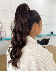 clip-in ponytail, ponytail, pony, pony goals, brunette, Zala hair extensions, hair extensions, long hair, length, hairstyle, curls, updo Curls Hair Updos, Ponytail With Curls In The Back, High Pony With Waves, High Pony Curled Hair, High Ponytail Hairstyles With Curls, High Wavy Ponytail Hairstyles, Slick Back Pony With Curls, High Ponytail Wavy Hair, Curls Ponytail Hairstyles