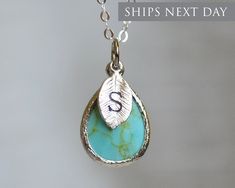 "This beautiful simulated turquoise necklace would be a perfect gift for a wedding, birthday, anniversary, graduation, or any occasion. The silver, gold-plated, or rose gold turquoise teardrop-shaped pendant is made of glass and shines beautifully in the light. It measures approximately 12.5x16mm and is hung on a 16\", 18\" or 20\" chain. The chain options include silver-plated, gold-plated, rose gold-plated, sterling silver, 14K gold-filled, or 14K rose gold-filled metal. The chains are dainty December Birthstone Necklace, Custom Initial Necklace, Bridesmaid Necklace, Custom Initials, Birthstone Earring, Leaf Charms, Birthday Gift For Her, December Birthstone, Birthstone Necklace