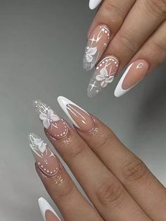 Verschiedenfarbig  Collar  Harz Farbblock,Pflanzen Bloße Nägel Embellished Occasion Nails, Fake Nails White, Fake Nails Long, Pedicure Manicure, White Nail Designs