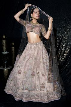 Pink and gold flared organza kalidar lehenga with Persian shamiyana resham thread embroidery and sequin highlights. Paired with a cap sleeves floral garden embroidered flattering V neck blouse and a tassel embroidered border organza dupatta. - Aza Fashions Kalidar Lehenga, Velvet Embroidery, Lehenga Pattern, Embroidered Border, Organza Dupatta, Thread Embroidery, Floral Garden, V Neck Blouse, Pink Blouse