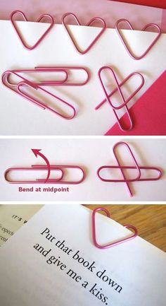 some pink paper clips sitting on top of a piece of paper with the words bend at midpoint