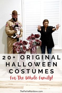 two people dressed up in costumes with the words 20 original halloween costumes for the whole family