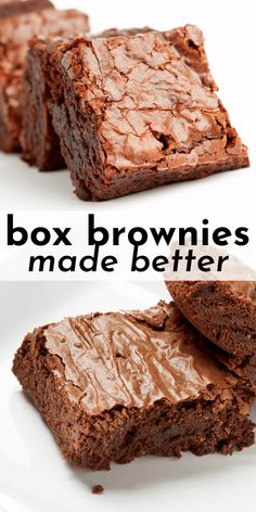 chocolate brownies are stacked on top of each other with the words box brownies made better