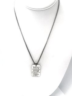 This is great stainless steel necklace for a man. This necklace comes with a stainless steel laser engraved charm pendant on a 22 inch stainless steel box chain. The pendant has The Serenity Prayer on it. The pendant is also available for individual purchase if you have another chain on which you would like to wear it. Each necklace comes boxed and ready to give as a gift. This jewelry item has small parts and is not intended for anyone under the age of 14. To see the latest items and specials, Silver Engraved Necklace For Meditation, Sterling Silver Engraved Charm Necklace For Meditation, Spiritual Stainless Steel Necklace For Father's Day, Sterling Silver Pendant Charm Necklace For Meditation, Serenity Prayer Necklace, Motivational Jewelry, Scripture Gift, Bible Verse Gifts, Faith Jewelry