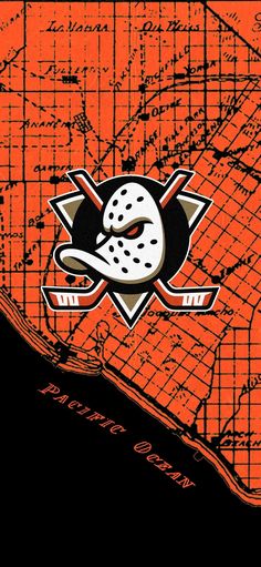 an orange and black map with the logo of the ice hockey team on it's side