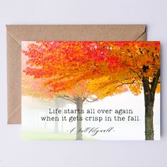 a card with an image of trees in the background and a quote on it that says, delicious autumn my very soul is wedded to it all i am i