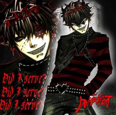 two anime characters standing next to each other in front of a black background with red lettering