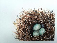 a painting of three eggs in a nest