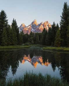 a mountain range is reflected in the still water of a lake surrounded by pine trees