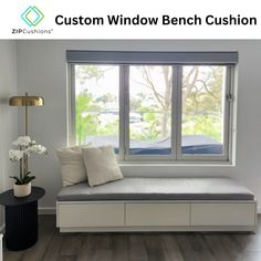 a window bench in front of a large window with the words custom window bench cushion on it