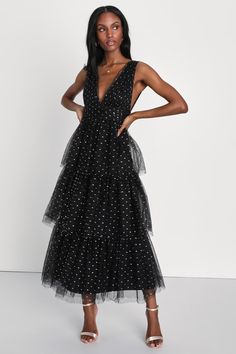 Black Tiered Midi Dress - Shiny Dot Maxi Dress - Tulle Dress - Lulus Bridal Shower Guest Outfit, Fall Fashion Skirts, Voluminous Skirt, Casual Formal Dresses, Tulle Midi Dress, Long Midi, Rose Gold And Silver, Casual Wedding Dress, Textured Dress