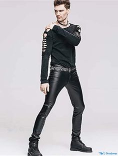 OrcaJump - Mens Skinny PU Leather Sporty Pants with Pocket, Straight Leg, Solid Color, Full Length, for Daily Wear or Parties, Sty Lean Guys, Gothic Trousers, Gothic Mode, Gothic Pants, Vegan Leather Pants, Sporty Pants, Mens Leather Pants, Basket Noir, Gay Fashion