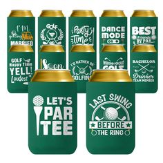 six green can coolers with white lettering on the side and gold rimmed lids