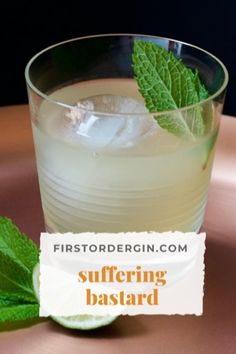 a glass filled with ice and mint sitting on top of a table