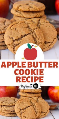 apple butter cookie cookies stacked on top of each other with apples in the background and text overlay