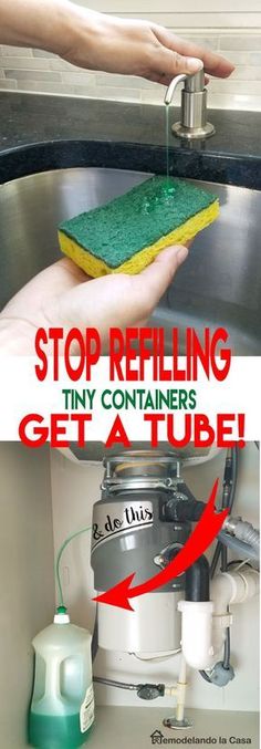 a hand is holding a sponge over a sink with the caption stop refilling tiny containers get a tube