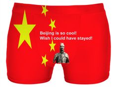 the boxer shorts have an image of a man in china on it