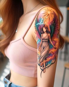 Angel Tattoos: Heavenly Inspiration for Your Next Ink | Pocoko Righteous Anger, Angel Tattoo For Women, Ink October, Bolt Of Lightning, Fallen Angel Tattoo, Archangel Tattoo, Watercolor Angel, Cherub Tattoo, Angel Tattoos