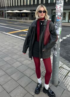 Socks And Tights Street Style, Burgundy Tights Outfits, Cherry Tights Outfit, Burgundy Socks Outfit, Cherry Red Shoes Outfit, Burgundy Mini Skirt Outfit, Cherry Red Aesthetic Outfit, Red Socks Outfit