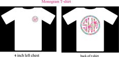 This monogram T-shirt is made from a hanes tagless t-shirt. There are a few t-shirt color choices, white(default color if one is not noted in message box with initials), hot pink, lime, yellow, orange, garnet, black, navy, teal and light blue. There are many options as you can see in the photo section. This makes a great personalized gift. The back image is approx. 12 inches and the front image is 4 inches. The patterns used on the shirt in the first listing photo are 3 and 16, the second photo Teal And Light Blue, Monogram Shirt, Monogram T Shirts, Lime Yellow, Monogram Shirts, Custom Shirt, White Shirts, Personalized T Shirts, Gift Christmas