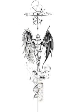 a drawing of a man with wings and a cross on his chest, standing in front of a white background