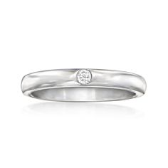 Ross-Simons - Sterling Silver Band / Ring Round Cut with Diamond Accent. Size 9. RS Pure. Modern designs that complete your outfit and complement your personality. This simple sterling silver band is enhanced with a diamond accent at the center. Wear it in a stack of dainty rings and small bands for a touch of shine. 1/8" wide. Sterling silver band. Diamond birthstones are the perfect gift for April birthdays. Silver Stackable Rings With Single Diamond In Sterling Silver, Adjustable Sterling Silver Ring With Single Diamond, Silver Diamond-cut Band As A Gift, Formal Silver Diamond-cut Bands, Nickel-free Sterling Silver Midi Rings With Open Band, Diamond Birthstone, Sterling Silver Rings Bands, Jewelry Rings Diamond, Stone Cuts