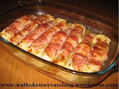 a casserole dish with meat wrapped in bacon