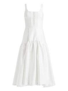 Vestido Midi Estructurado Sin Mangas En Blanco Roto Diana | Alicia y Olivia Dressy Summer Dresses, Olivia White, Leather Jacket Dress, High Low Midi Dress, Midi Dress Formal, Dropwaist Dress, Dressy Outfits, Leather Dresses, High Low Hem