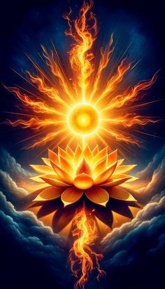 Manipura Chakra, depicted as a radiant sunflower blooming with inner fire. This arresting image symbolizes the 'City of Jewels', located in the solar plexus. It's the core of self-esteem, willpower, and personal transformation. The luminous orb represents the intense energy of the Manipura, a source of personal power and the seat of passion and impulse. This chakra governs our ability to assert our place in the universe, radiating confidence like the sun's own blazing light. Chakra Images, Manipura Chakra, Fire Image, Personal Transformation, Solar Flare, Our Place, Sunflower Art, Solar Plexus Chakra