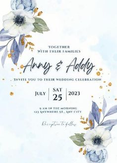 the wedding card is designed with watercolor flowers and leaves in blue tones, on a white background