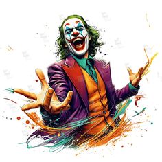 the joker with his hands out and painted in orange, green, and blue colors