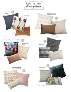 pillows that are labeled in different colors and sizes, with the words how to mix them