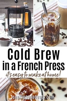 A black french press coffee maker with a clear glass of cold brewed coffee over ice. French Press Recipes, Cold Brew Iced Coffee, Iced Coffee At Home, Coffee Guide