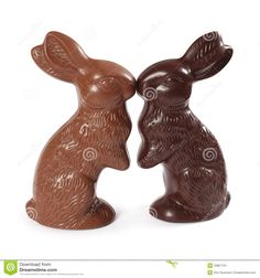 two chocolate bunnies in the shape of rabbits