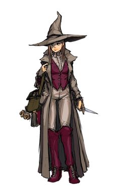 a drawing of a woman in a witch costume holding a knife and wearing a hat