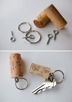 wine corks and keys are laying on the table