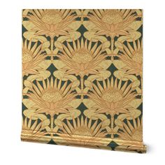 a gold and green wallpaper with flowers on it