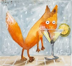 a painting of a fox holding a martini glass with a slice of lemon in it